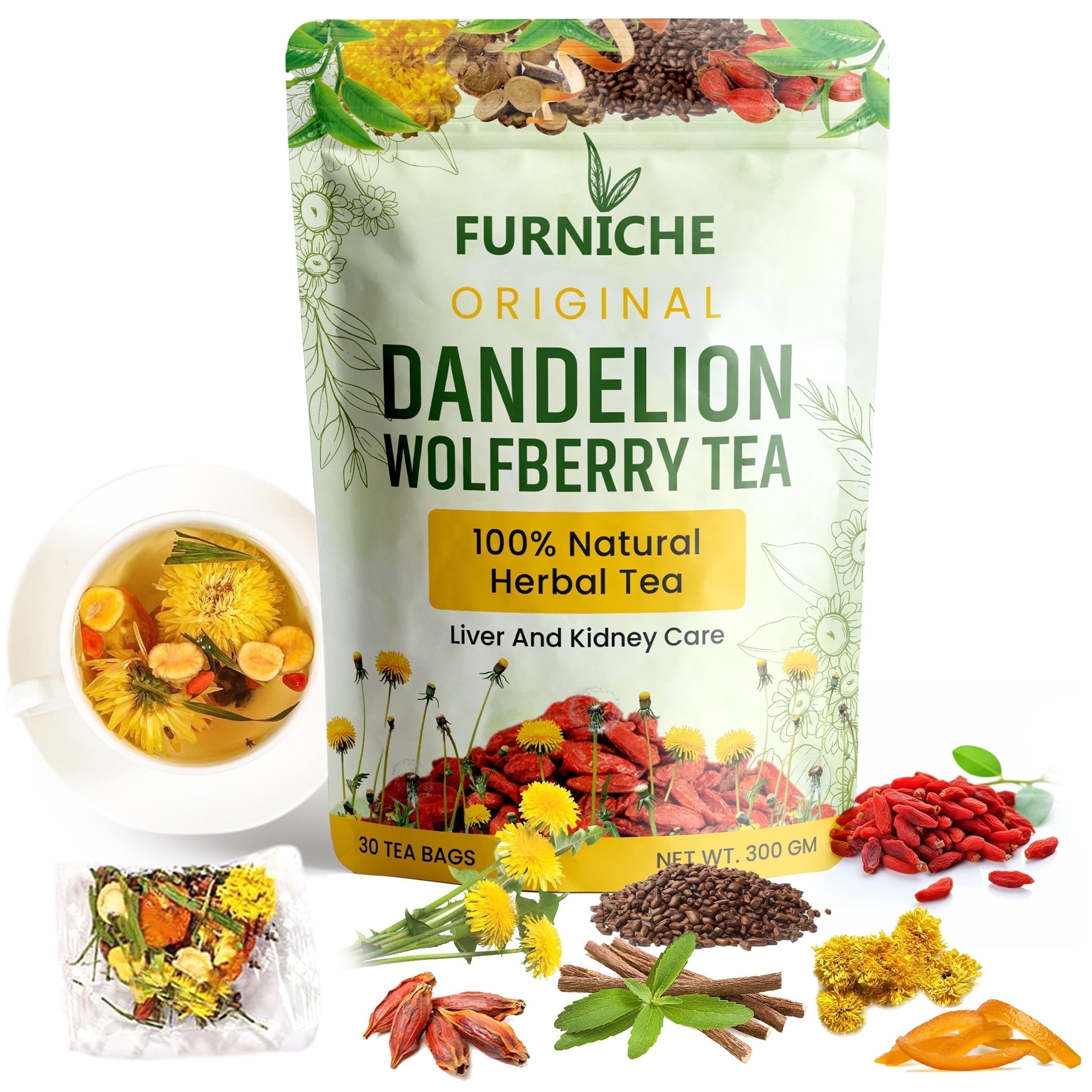Dandelion Wolfberry Tea – 7 Natural Ingredients Herbal Tea Bags for Kidney and Liver Health, Dandelion Chinese Wolfberry Tea Bags Organic - 30 Servings