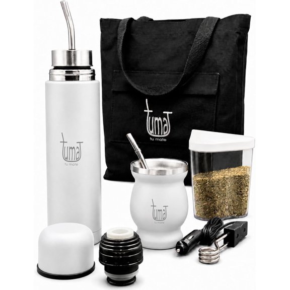 Yerba Mate Kit, AutoMate Thermo, Mate Cup, Bombilla, White | 750 ml Double Wall Steel Thermos, Dual-Cap Design, Canvas Bag, Yerbero Container, Car Heater, Complete Travel Mate Set