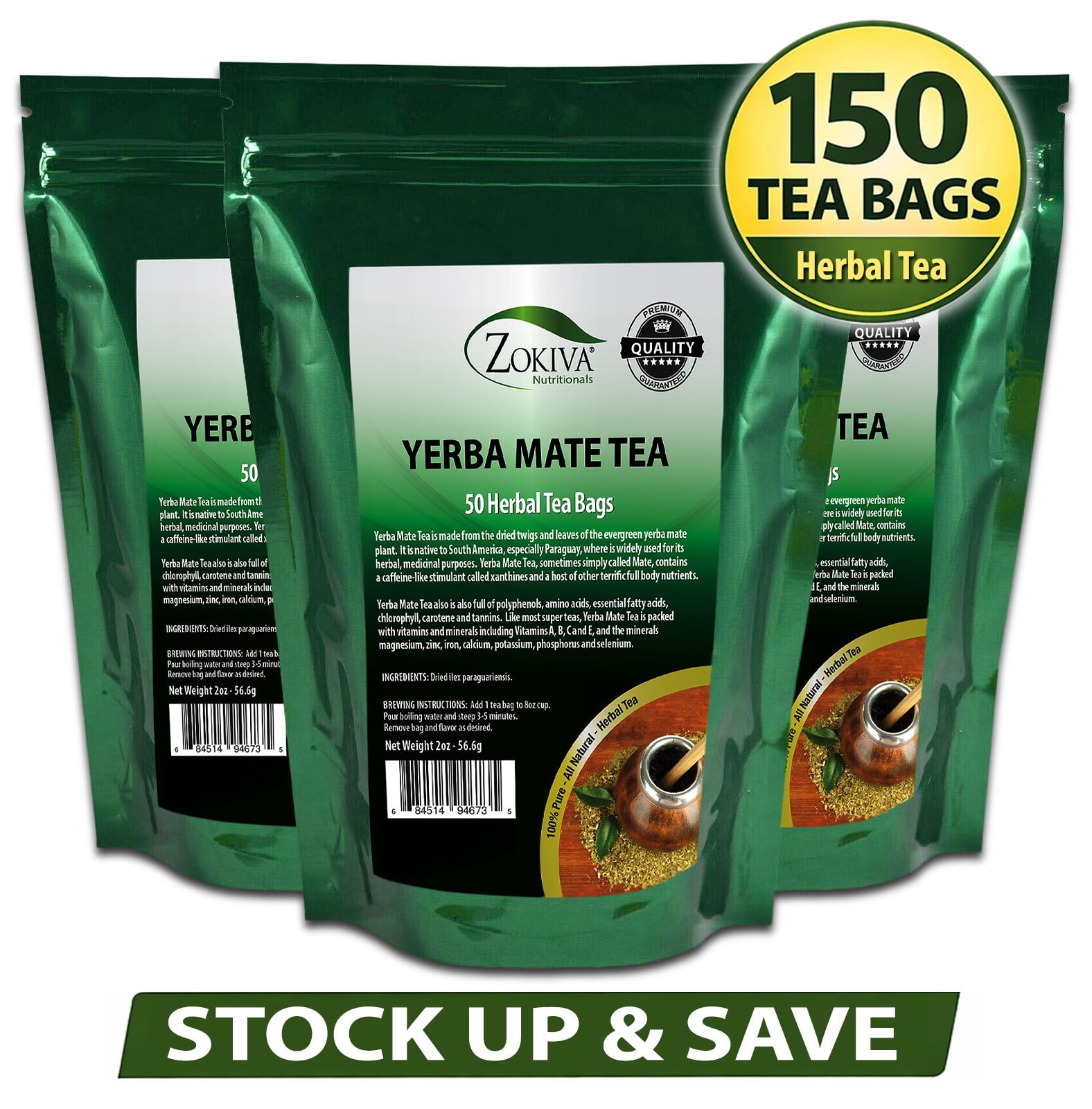 Yerba Mate Tea Bags 150 Count (3-Pack) | Herbal Energy Tea | Bulk Value Zokiva