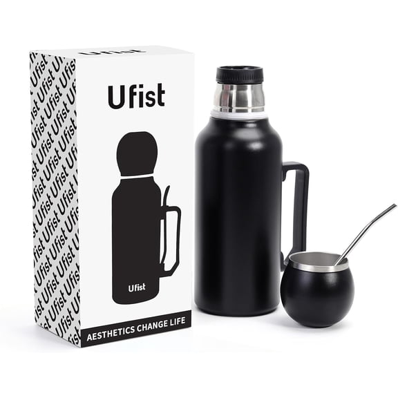 Yerba Mate Vacuum Insulated Bottle - Double Stainless Steel Wall 44oz I 1300ml Thermal Bottle Flask for Camping- A Mate Kit that includes Bombilla and Lid (Mate Cup) (Black)