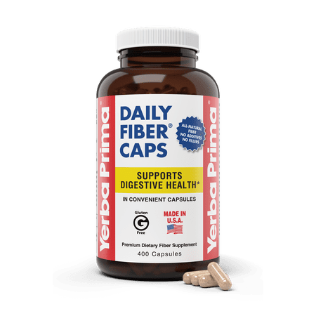 Yerba Prima Daily Fiber Caps Formula, 400 Capsules - Both Soluble and Insoluble - with Psyllium Seed Husks, Acacia Gum, Apple Fiber and More