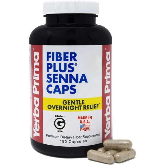 Yerba Prima Fiber Plus Senna Capsules, 180 Count - Gentle Overnight Relief, , Non-GMO, Certified Gluten-Free, for Short-Term Use to Restore Regularity