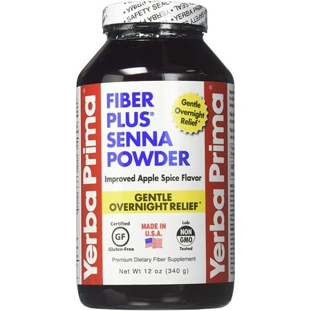 Yerba Prima Fiber Plus Senna Powder, 12 oz - Apple Spice Flavor, Gentle Overnight Relief, USA Made, Non-GMO, Certified Gluten-Free, Stevia Sweetened, Short-Term Use to Restore Regularity