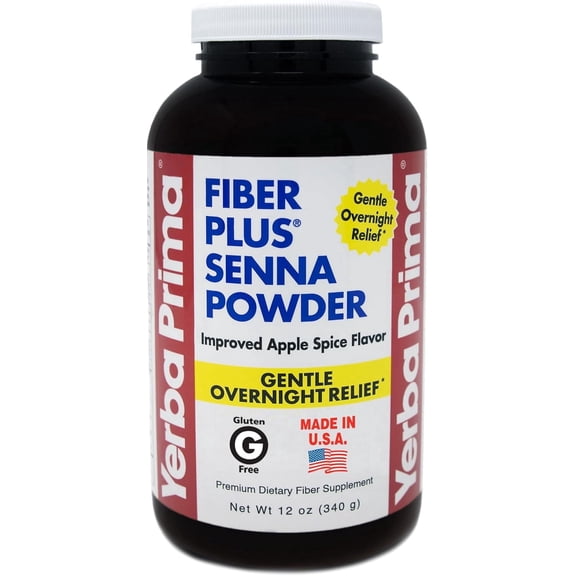 Yerba Prima Fiber Plus Senna Powder, 12 oz - Apple Spice Flavor, Gentle Overnight Relief, Non-GMO, Gluten-Free, Stevia Sweetened, Short-Term Use to Restore Regularity