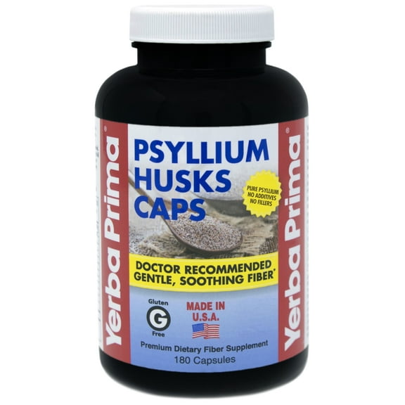 Yerba Prima Psyllium Husks Caps Dietary Fiber 625 mg, 180 Capsules - Colon Cleansing Supplement - Gut Health - Non-GMO Gluten Free