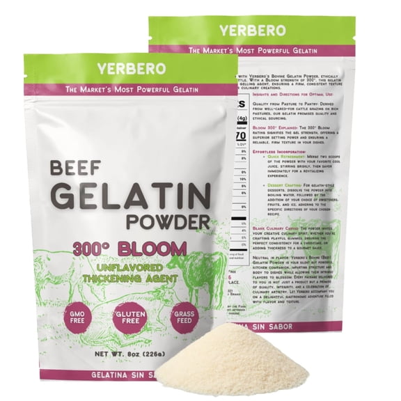 Yerbero - Premium Unflavored 300 Bloom Beef Gelatin Powder 8oz (226g) | Thickening Agent Swiftly Solidifies, Stabilizes, and Enhances for Culinary & Baking Endeavors.