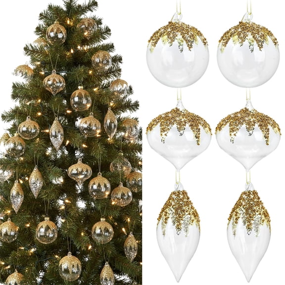 Yerliker 12 Pcs Clear Christmas Glass Ball Ornaments Gold Sequined Glitter Ball Christmas Tree Decorations Hanging Xmas Glass Baubles for Holiday Xmas Tree Wedding Party Decor Y101
