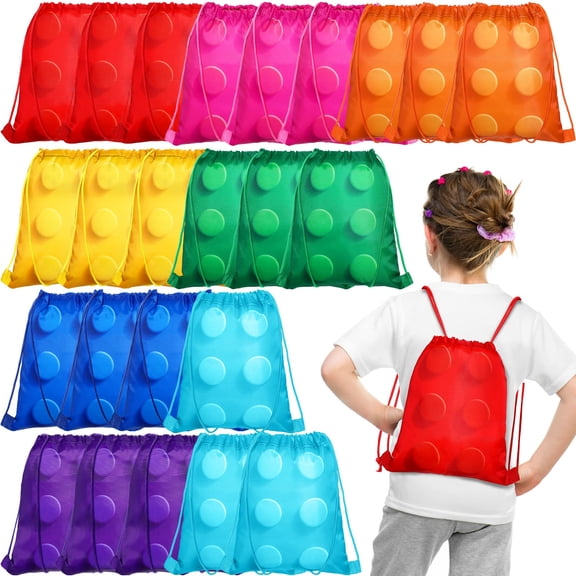 Yerliker 24 Pack Building Block Party Favor Bags Building Block Treat Goodie Drawstring Brick Bags for Kids Birthday Party Supplies Decorations Y114