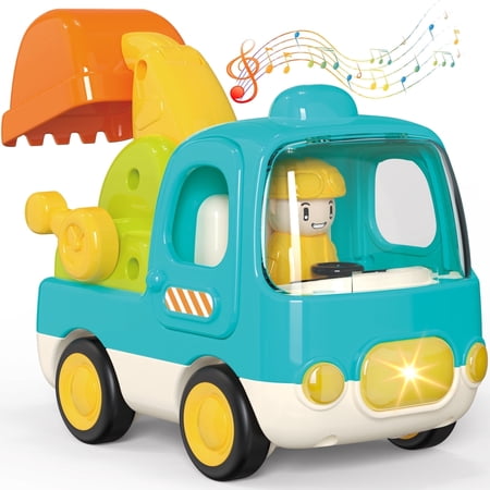 Yerloa Baby Toys Push Cars for 1 2 3 Year Old Friction Powered Push Go Inertia Cars Small Excavator with Music Sound And Light Construction Vehicles Toy Trucks Cars Birthday Gifts for Toddlers 1-3