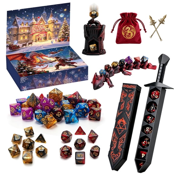 Yerloa Advent Calendar 2026 DND Dice Set with 3D Printed Dargon, Dice Tower, Sword, 24 Days Mystery Christmas Dice Set with Storage, Gifts for Dungeons and Dragons RPG, MTG, Role Playing Table Game