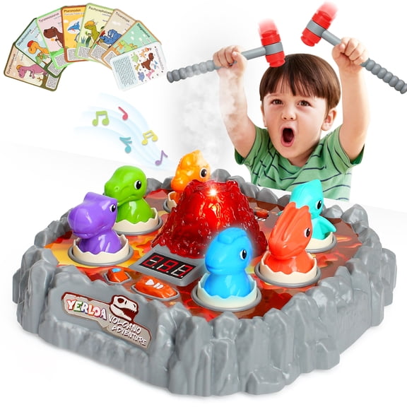 Yerloa Dinosaur Toys for Kids 3-5, Whack A Mole Game for Toddlers, with Music, Spray and Light-up, 2 Hammer, 3 Mode, 18 Level, Early Learning Toy Birthday Gifts for Age 3, 4+Year Old Boy