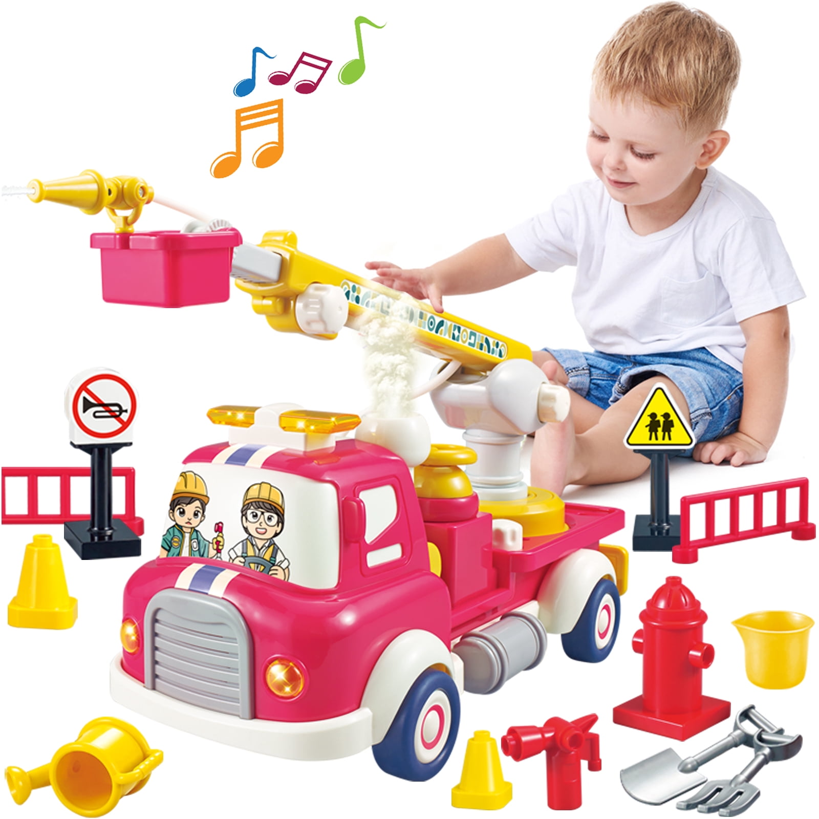 Yerloa Fire Trucks for Toddlers 3-5, Lights Sound, Realistic Sirens, Button&Working Water Pump, Firetruck Toys for Girls 1 2 3 4 5 6 Years Old, Easter Birthday Gift for 2 Year Old, Kids Toys Boys 3-8