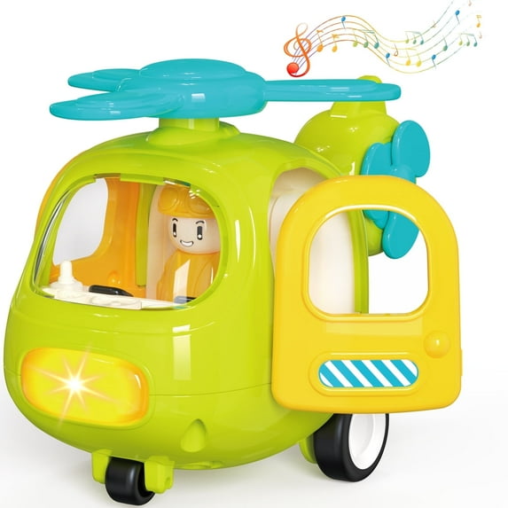 Yerloa Baby Toys Push Cars for 1 2 3 Year Old, Friction Powered Push Go Inertia Cars Small Helicopter Shape with Music, Sound and Light Construction Vehicles Toys 1st Birthday Gifts for Toddlers 1-3