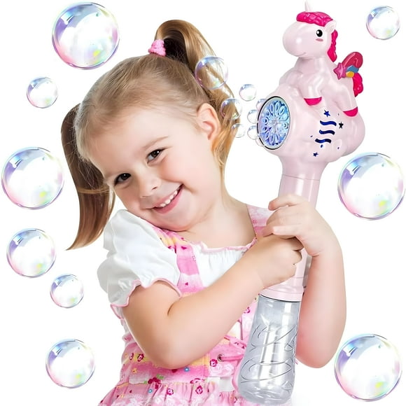 Yerloa Pink Unicorn Bubbles Wand with LED Light for Kids Toddlers Age 1 2 3 4 5 6 7 8 Years Old Birthday Party, Little Girl Princess Wands, Bubble Gun Unicorn, Summer Outdoor Party Garden Toys