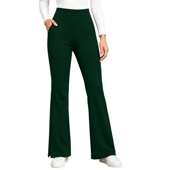 Yerovir Womens Fleece Lined Pants Thermal Straight Leg Yoga Pant High Waisted Stretchy Lounge Trousers for Work or Casual(Green,Medium)