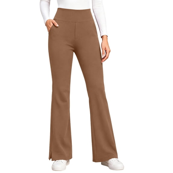 Yerovir Womens Fleece Lined Pants Thermal Straight Leg Yoga Pant High Waisted Stretchy Lounge Trousers for Work or Casual(Khaki,X-Large)