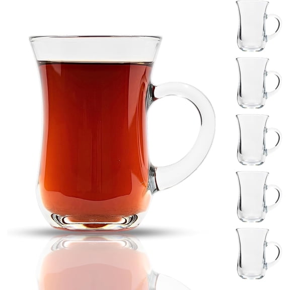 Yersiz Turkish Tea Glasses with Handle  Set of 6, 145 ml / 4.9 oz  Slim Waist Design, Heat-Resistant Clear Glass Tea Cups  Traditional Turkish Tea Cups for Home & Caf