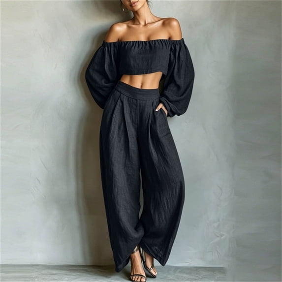Yertdoel 2 Piece Sets for Women Fashion Off Shoulder Long Sleeve Crop Top Pocket Wide Leg Pants Solid Color Cute Matching Sets Party Casual Outfits