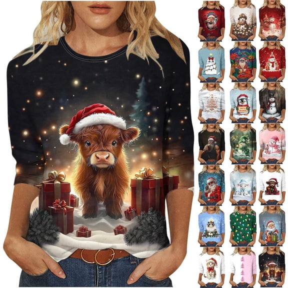 Yertdoel 3/4 Sleeve T Shirts for Women Christmas Printed Crew Neck Loose Fit Pullover Tops Fashion Cozy Shirt for Holiday Casual Wear, S-5XL
