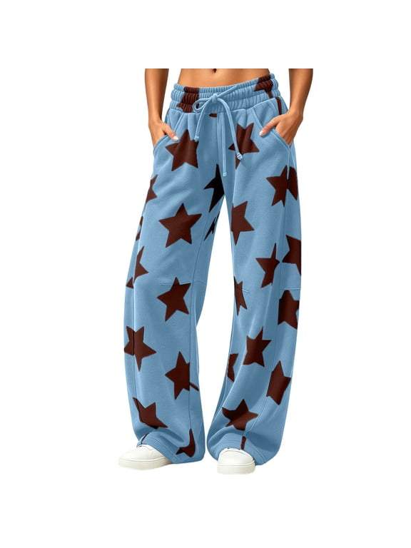 Barrel Sweatpants Women Star Printed Elastic Waist Drawstring Curved Wide Leg Pants Fashion Baggy Casual Pants with Pockets, S-3XL