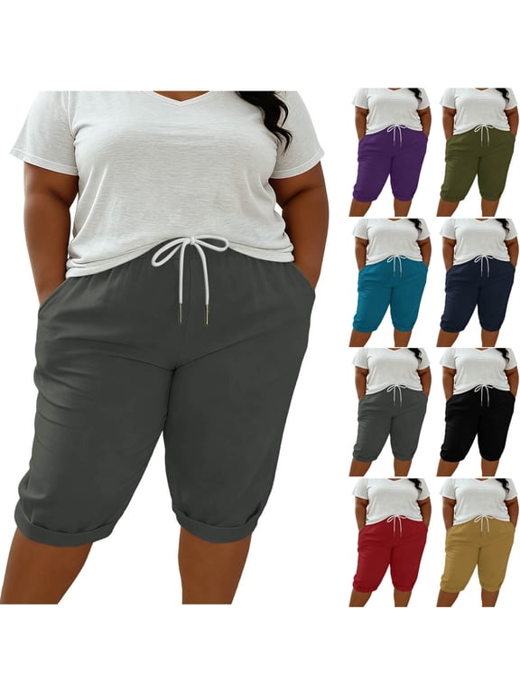 Capri Pants for Women Plus Size Fashion Solid Color Cuffed Hem Cotton Linen Capris Drawstring with Pockets Daily Comfy Soft Lightweight Casual Trousers, L-5XL