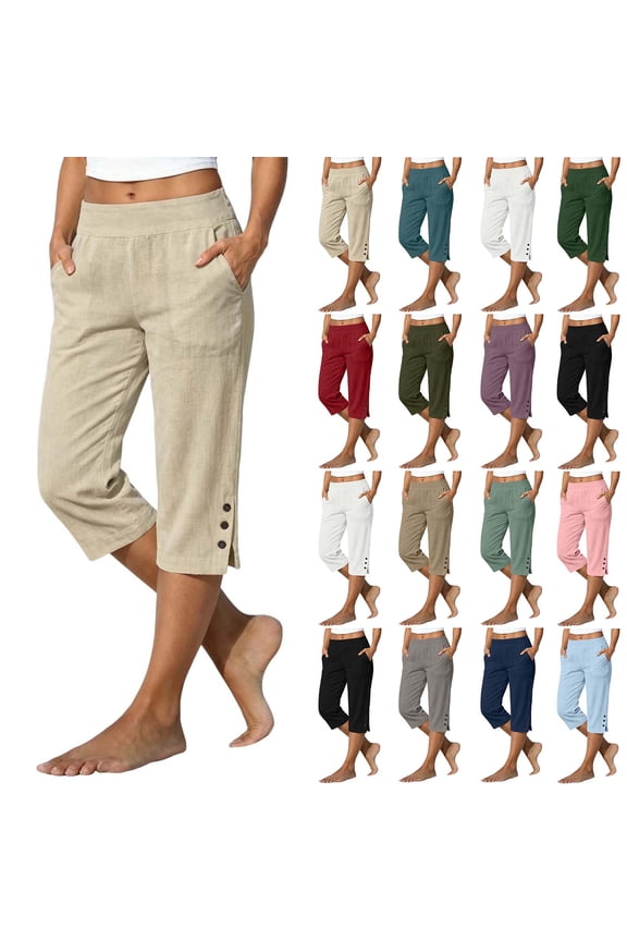 Capri Pants for Women Summer Solid Color Linen Pants Straight Leg Side Split Button Closure with Pockets Breathable Comfy Beach Casual Capris