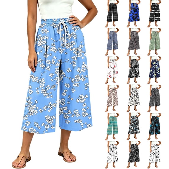 Yertdoel Capri Pants for Women Drawstring Elastic Waist Fashion Printed Capris with Pockets Summer Beach Loose Wide Leg Casual Pants