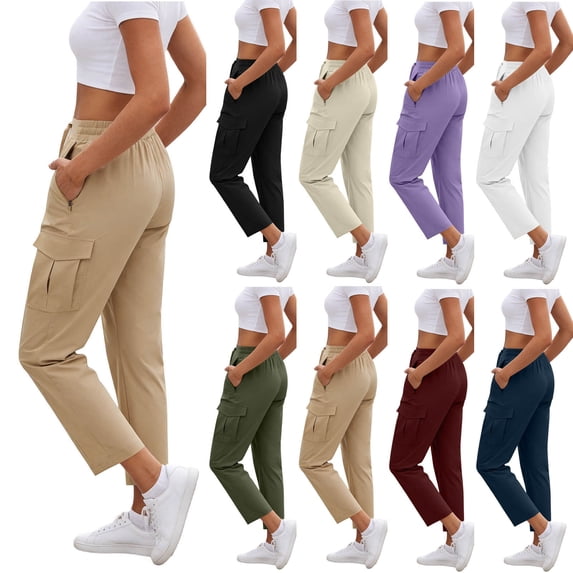 Yertdoel Cargo Pants Women Solid Color High Waisted Drawstring Straight Leg Casual Pants Outdoor Stylish Cozy Workwear Hiking Pants with Multi Pockets