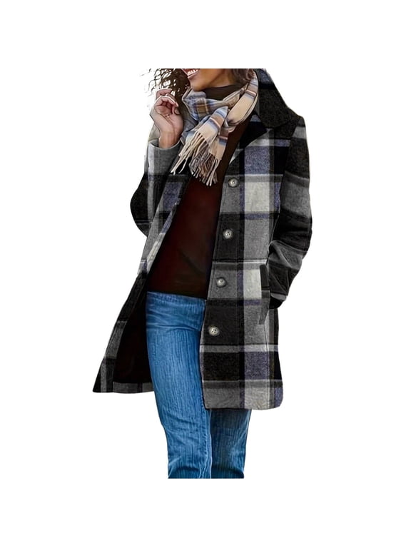 Flannel Shirt Women Lapel Button Down Lined Wool Plaid Coats Warm Casual Cozy Fashion Outerwear with Pockets