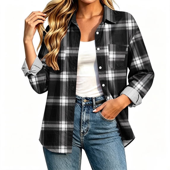 Yertdoel Flannel Shirt Women Long Sleeve Plaid Lapel Open Front Button Down Shirts Stylish Casual Soft Cozy Cardigan Jackets
