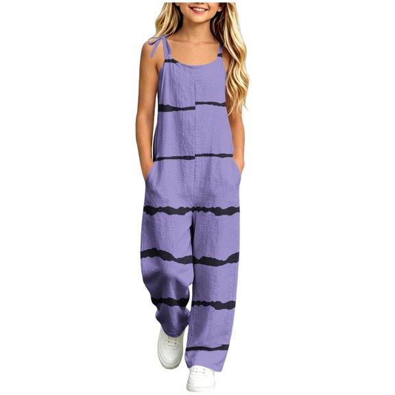 Yertdoel Girls Jumpsuit Fashion Print Adjustable Straps Sleeveless Rompers Long Pants with Pockets Casual Loose Cute Overall for Kids, 5-14 Years