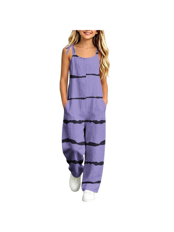 Girls Jumpsuit Fashion Print Adjustable Straps Sleeveless Rompers Long Pants with Pockets Casual Loose Cute Overall for Kids, 5-14 Years