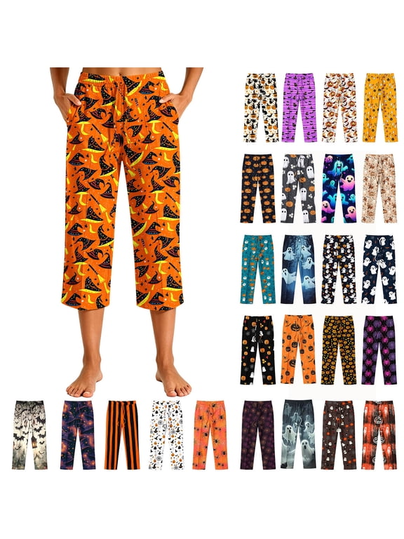 Halloween Pajama Pants Women Funny Print Drawstring Loose Capri Sleep Pants Holiday Stylish Casual Comfy Loungewear