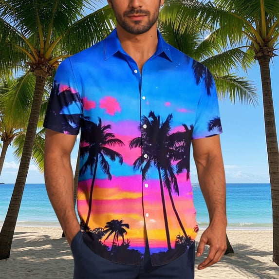 Yertdoel Hawaiian Shirt for Men Fashion Tropical Print Short Sleeve Button Down Lapel Loose Summer Shirts Outdoor Casual Sports Cozy Lightweight Beach Tops