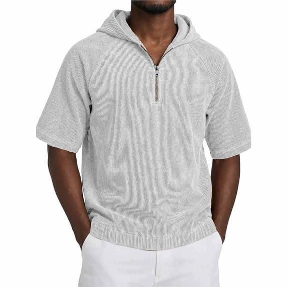 Yertdoel Hoodies for Men, Solid Color Short Sleeve Hooded Half Zip Pullover Sweatshirt Soft Loose Lightweight Breathable Beach Vacation Summer Outdoor Casual Shirts
