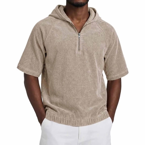 Yertdoel Hoodies for Men, Solid Color Short Sleeve Hooded Half Zip Pullover Sweatshirt Soft Loose Lightweight Breathable Beach Vacation Summer Outdoor Casual Shirts