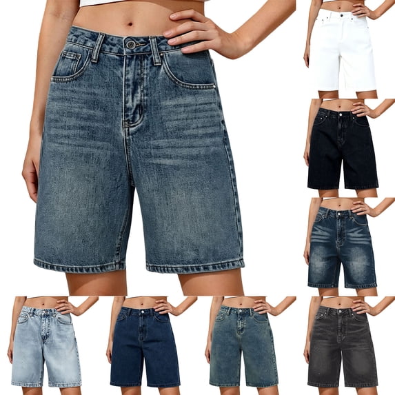 Yertdoel Jean Shorts Womens High Waisted Loose Fit Casual Denim Bermuda Shorts Solid Color Summer Fashion Cozy Knee Length Jorts with Pockets