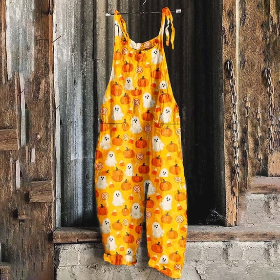 Yertdoel Jumpsuits for Women Halloween Funny Print Adjustable Strap Loose Fit Overalls Fashion Casual Rompers Pants with Pockets