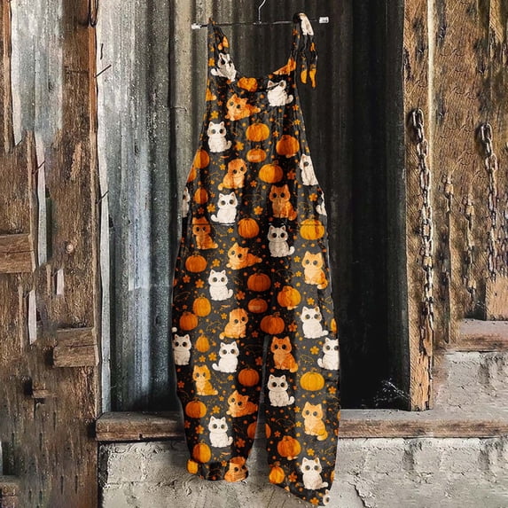 Yertdoel Jumpsuits for Women Halloween Funny Print Adjustable Strap Loose Fit Overalls Fashion Casual Rompers Pants with Pockets
