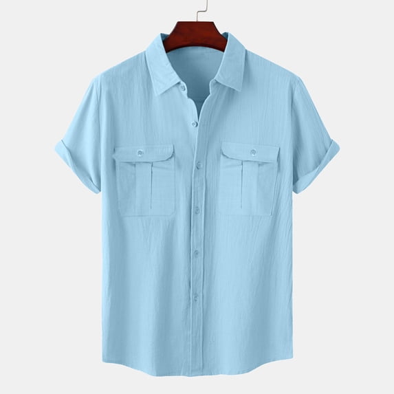 Hvogkswy Plus Size Men's Shirts, Button Down Short Sleeve Solid Color Lapel Neck Shirts with Pockets Soft Breathable Casual Summer Oversized Shirts, 4XL