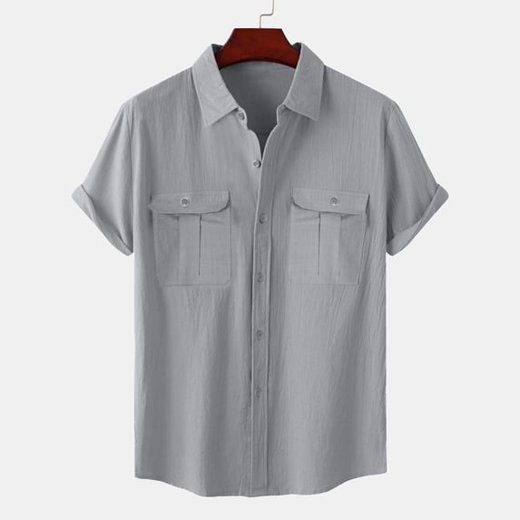 Hvogkswy Plus Size Men's Shirts, Button Down Short Sleeve Solid Color Lapel Neck Shirts with Pockets Soft Breathable Casual Summer Oversized Shirts, 5XL
