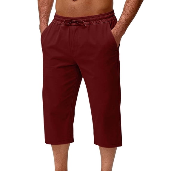 Yertdoel Men's Shorts Solid Color Elastic Waist Drawstring Below Knee Casual 3/4 Shorts with Pockets Soft Lightweight Breathable Outdoor Workout Running Summer Casual Shorts