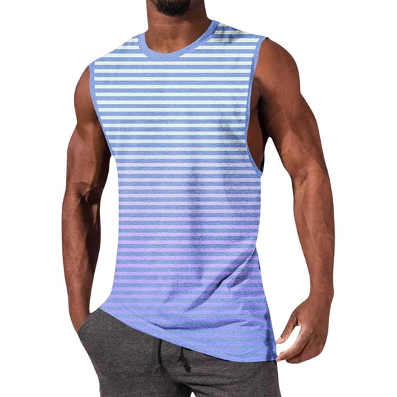 Yertdoel Men's Tank Tops Gradient Striped Print Sleeveless Crew Neck T-shirts Loose Soft Outdoor Gym Running Summer Casual Tank Top