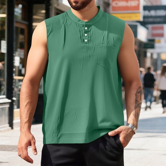 Yertdoel Men's Tank Tops Solid Color Sleeveless Button Up V Neck T-shirts with Pockets Loose Soft Breathable Outdoor Running Summer Casual Tank Top