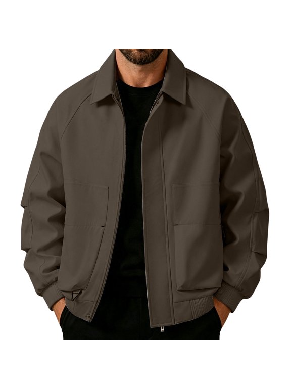 Mens Bomber Jacket Loose Fit Solid Lapel Zip Up Flight Jackets Outdoor Fashion Lightweight Casual Outer Coat with Pockets