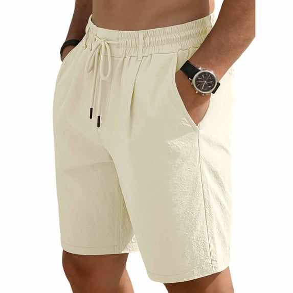 Yertdoel Mens Linen Shorts Soild Color Elastic Waist Drawstring Knee Length Shorts with Pockets Lightweight Loose Breathable Outdoor Workout Running Summer Casual Beach Shorts