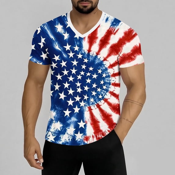 Yertdoel Mens T-shirts Patriotic Print Short Sleeve V Neck T-Shirts Lightweight Breathable Fast Drying 250 Anniversary USA Independence Day Tops