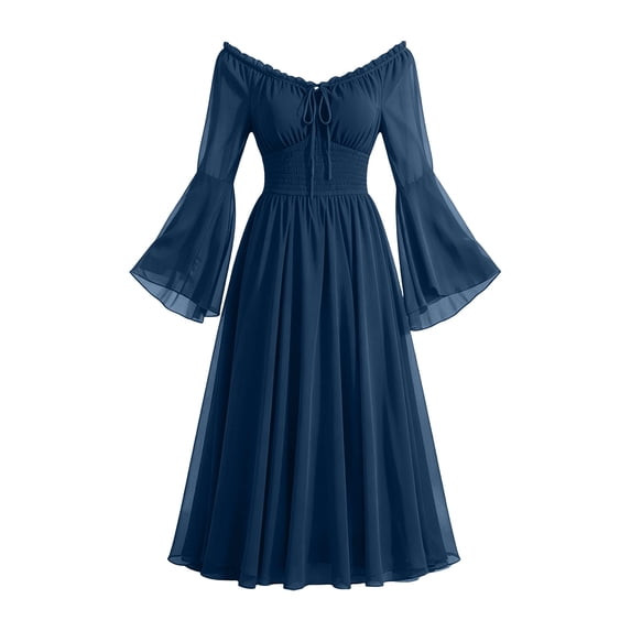 Yertdoel Off The Shoulder Dresses for Women Elegant Solid Long Sleeve Fitted Waist Chiffon Dress Party Vacation Stylish Casual Flowy Dress