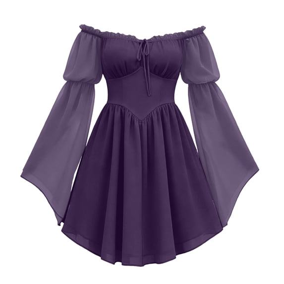 Yertdoel Off The Shoulder Dresses for Women Elegant Solid Long Sleeve Fitted Waist Chiffon Dress Party Vacation Stylish Casual Flowy Dress