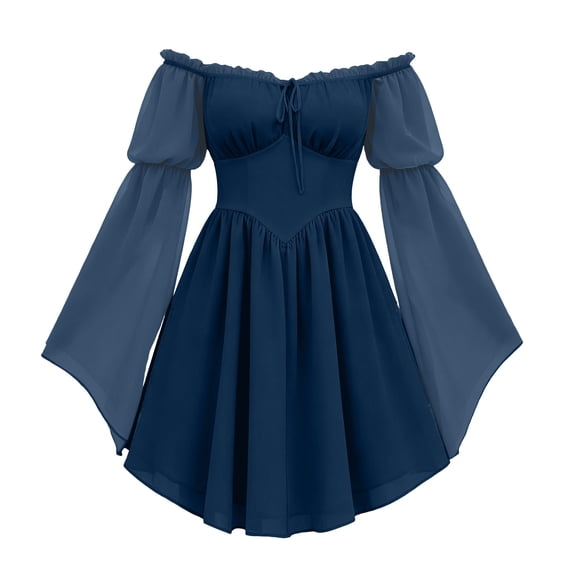 Yertdoel Off The Shoulder Dresses for Women Elegant Solid Long Sleeve Fitted Waist Chiffon Dress Party Vacation Stylish Casual Flowy Dress
